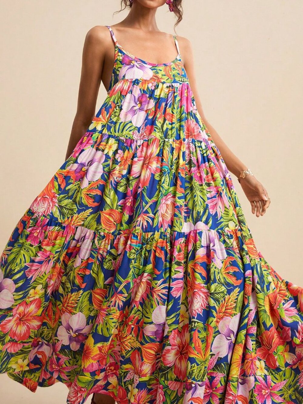 Blue Boho Women's Elegant Tropical Floral Full-Print Vacation Dress